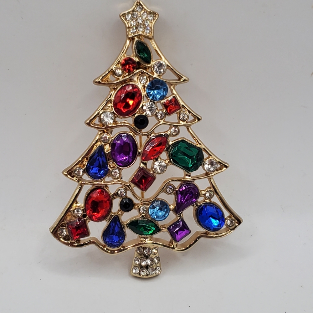 Christmas Tree Brooch Multi Color Rhinestones Christmas Holidays New Xmas Star